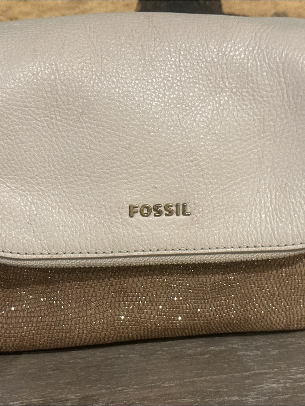 Fossil Cream and Tan Glitter Accent Leather Crossbody